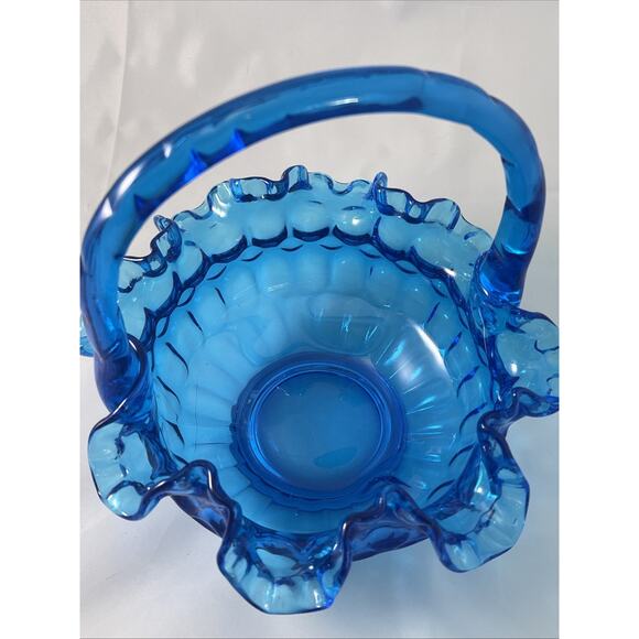VTG FENTON Colonial Blue Thumbprint DBL Ruffle Basket Candy Dish 8"x7" - Picture 6 of 8